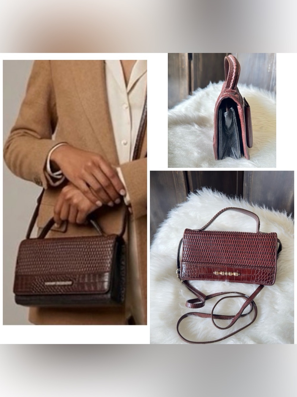 Vintage Brighton Crossbody Leather Wallet - Alligator/ Woven Brown
